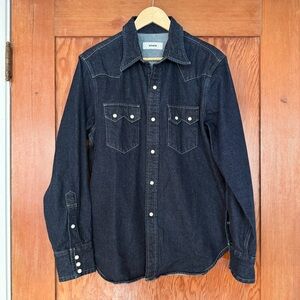 Buck Mason Dark Denim Western Sawtooth pearl snap shirt.